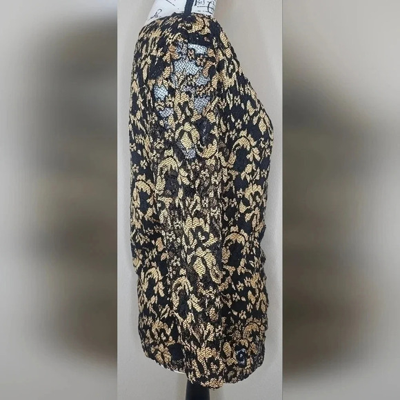 Coldwater Creek Womens Sz Small Gold Black Lace Overlay Floral Surplice Blouse - Picture 2 of 16
